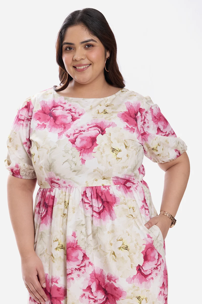 Arlyna|Cotton Midi Dress With Puff Sleeve