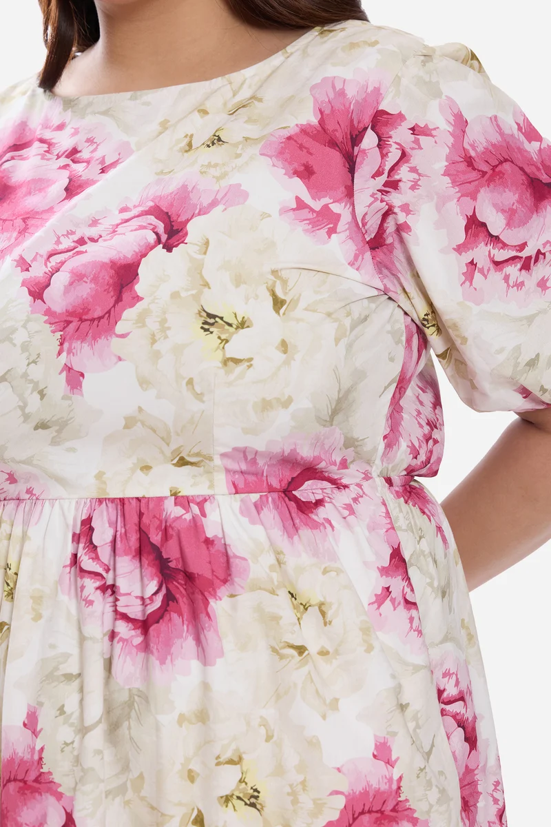 Arlyna|Cotton Midi Dress With Puff Sleeve