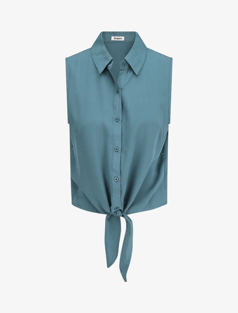 Chemise unie boutonnée à nouer - Bleu canard