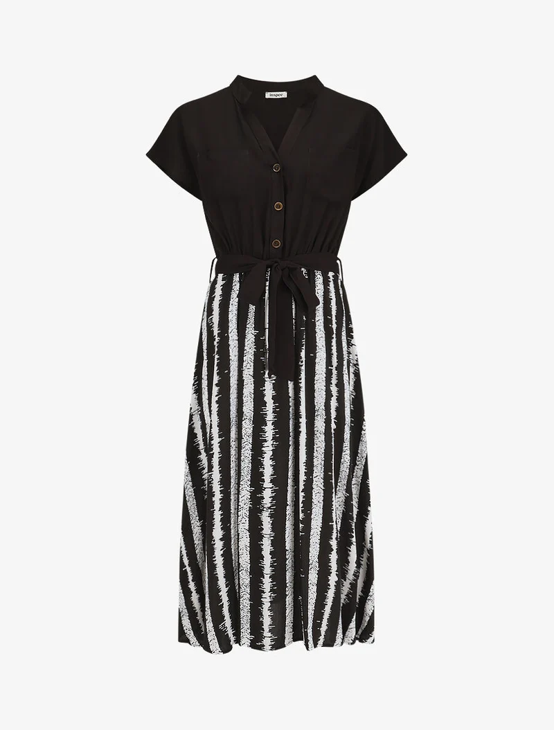 Robe longue élastiquée à jupe imprimé rayures - Noir
