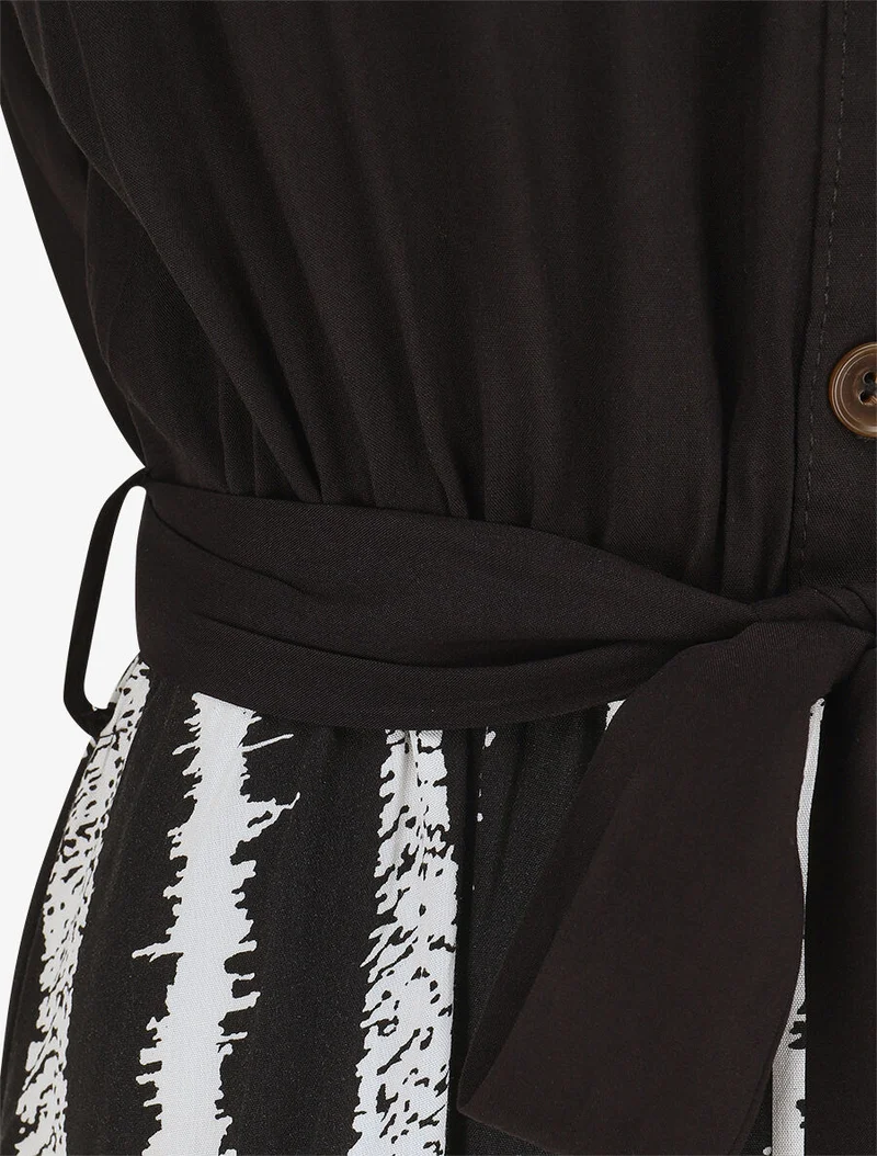 Robe longue élastiquée à jupe imprimé rayures - Noir