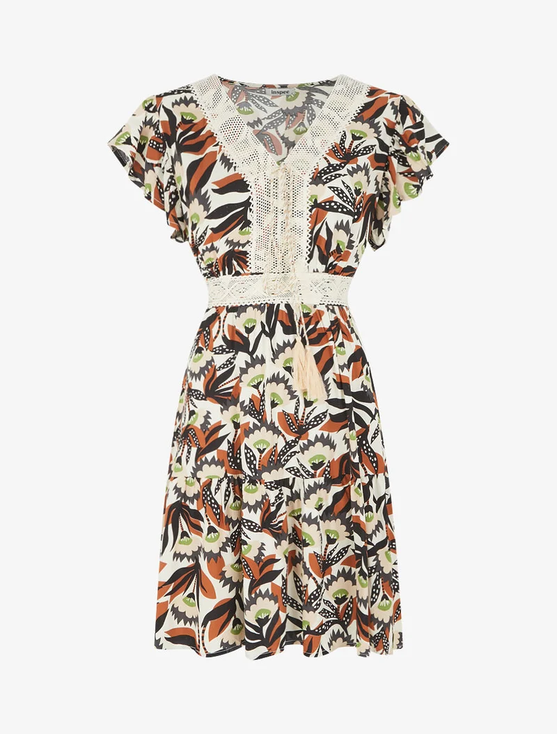 Robe imprimé abstrait à col V brodé - Marron
