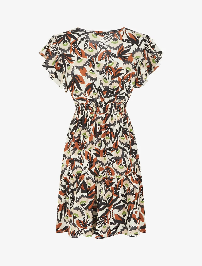 Robe imprimé abstrait à col V brodé - Marron