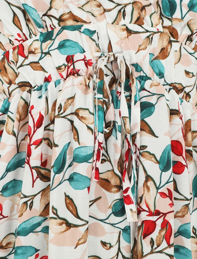 Robe à fines bretelles imprimé feuillage - Blanc
