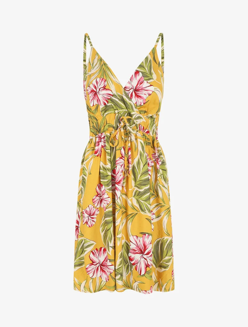 Robe à fines bretelles imprimé tropical - Jaune