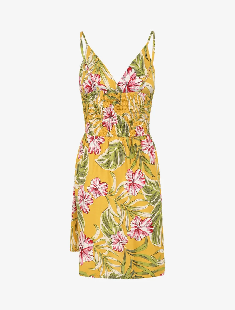 Robe à fines bretelles imprimé tropical - Jaune