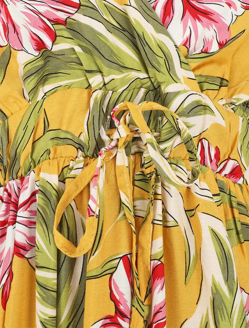 Robe à fines bretelles imprimé tropical - Jaune