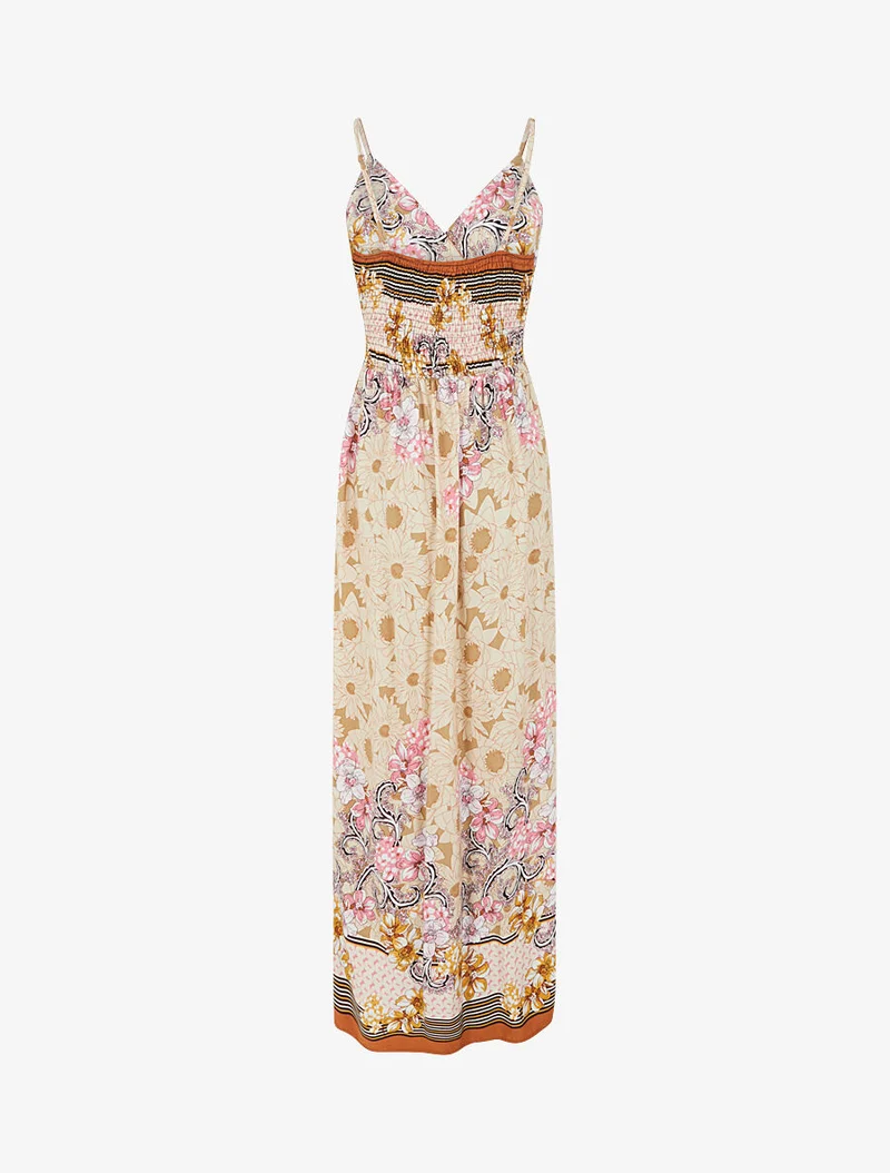 Robe longue empire à bretelles imprimé floral - Beige