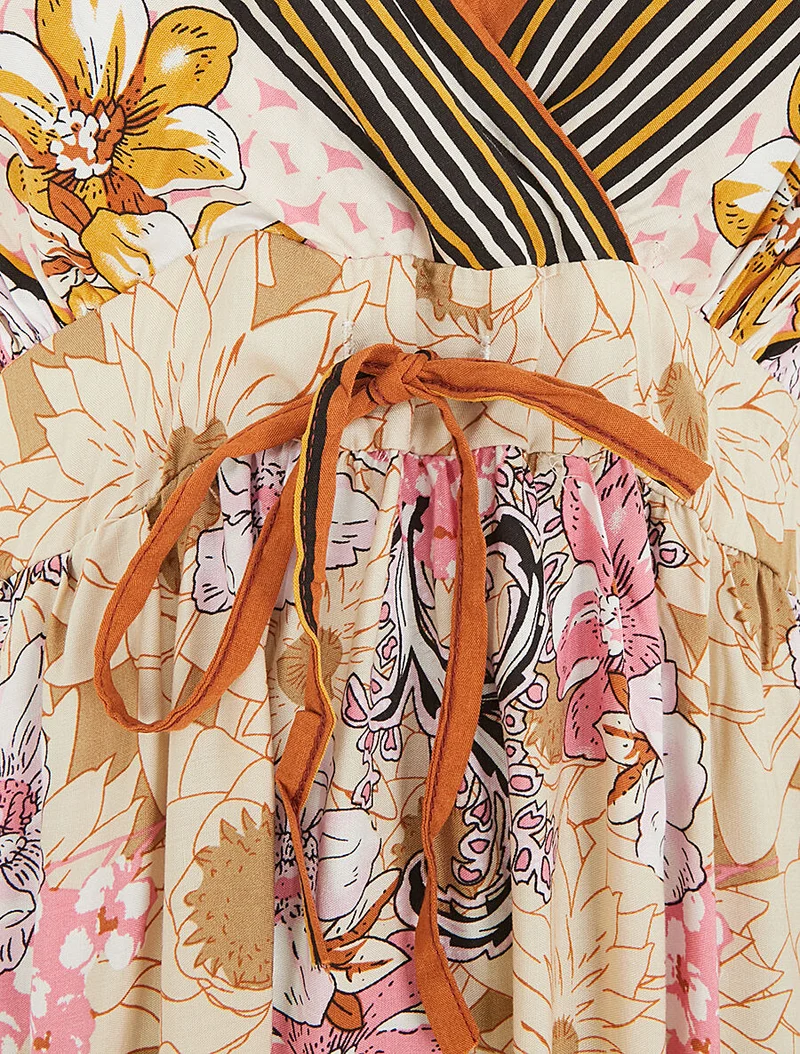 Robe longue empire à bretelles imprimé floral - Beige