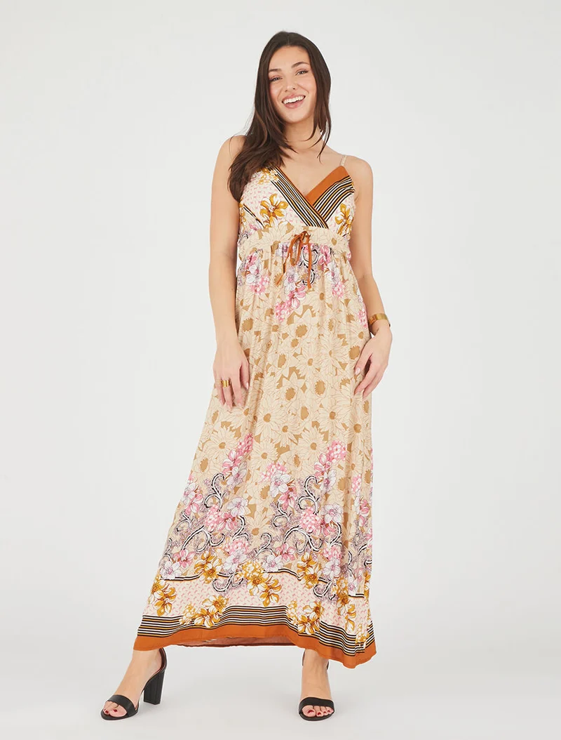 Robe longue empire à bretelles imprimé floral - Beige