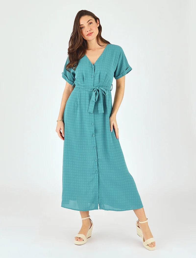 Robe longue évasée manches courtes - Turquoise
