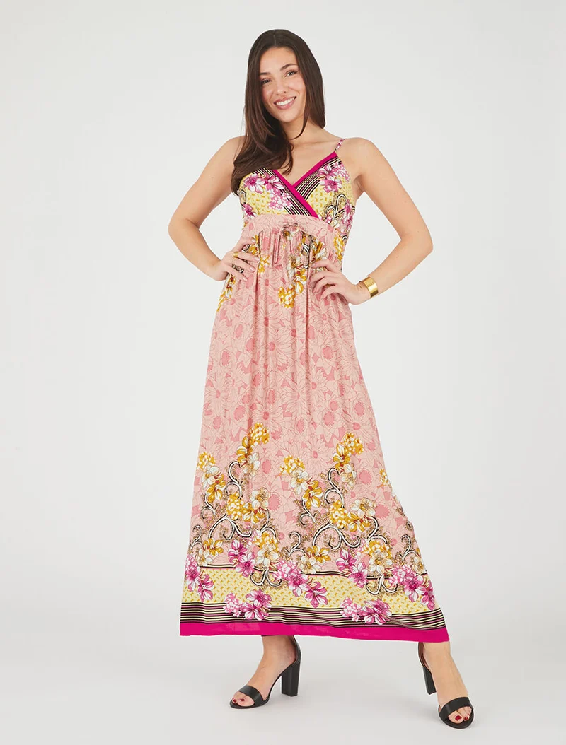 Robe longue empire à bretelles imprimé floral - Rose
