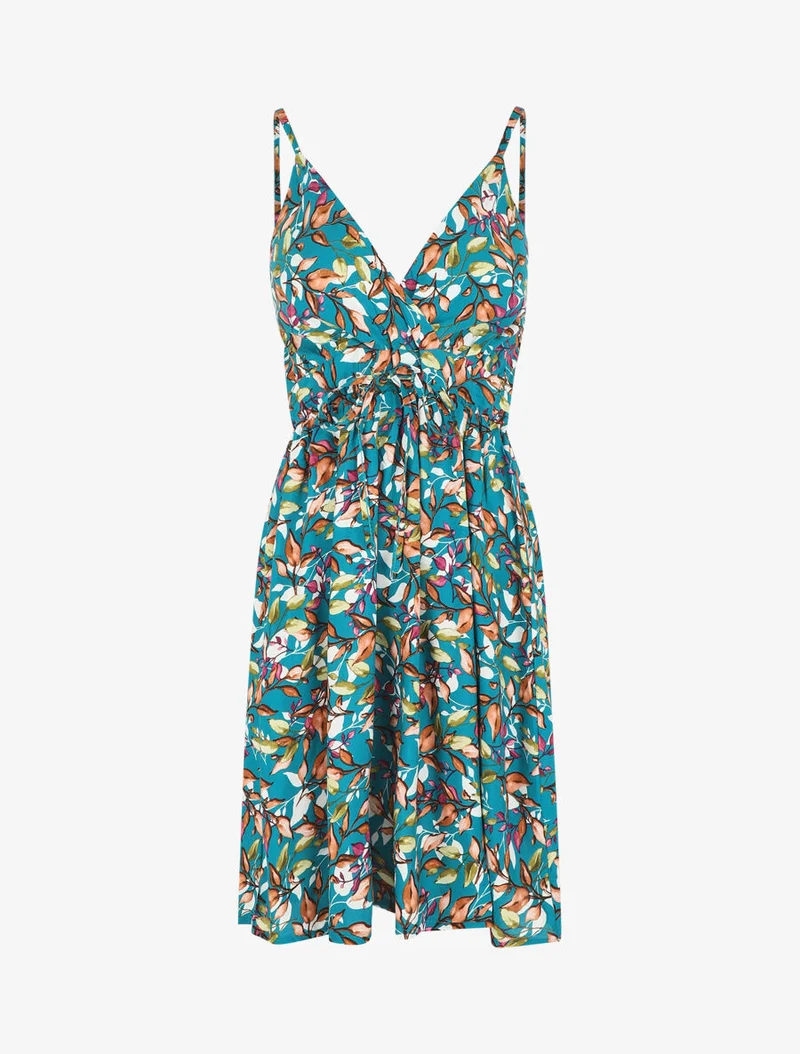 Robe à fines bretelles imprimé feuillage - Bleu canard