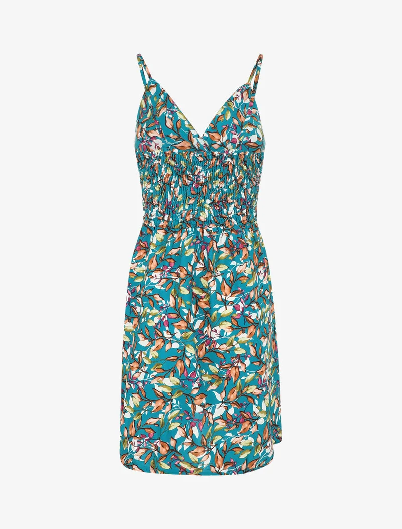 Robe à fines bretelles imprimé feuillage - Bleu canard