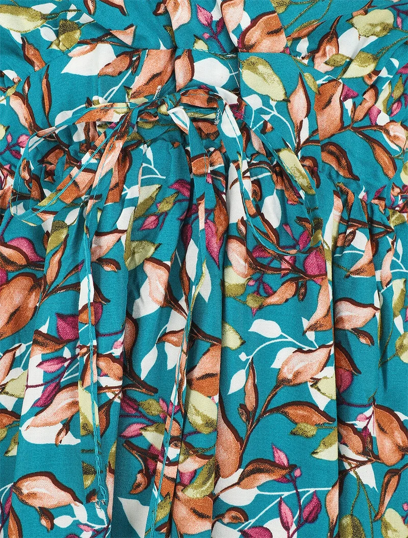Robe à fines bretelles imprimé feuillage - Bleu canard