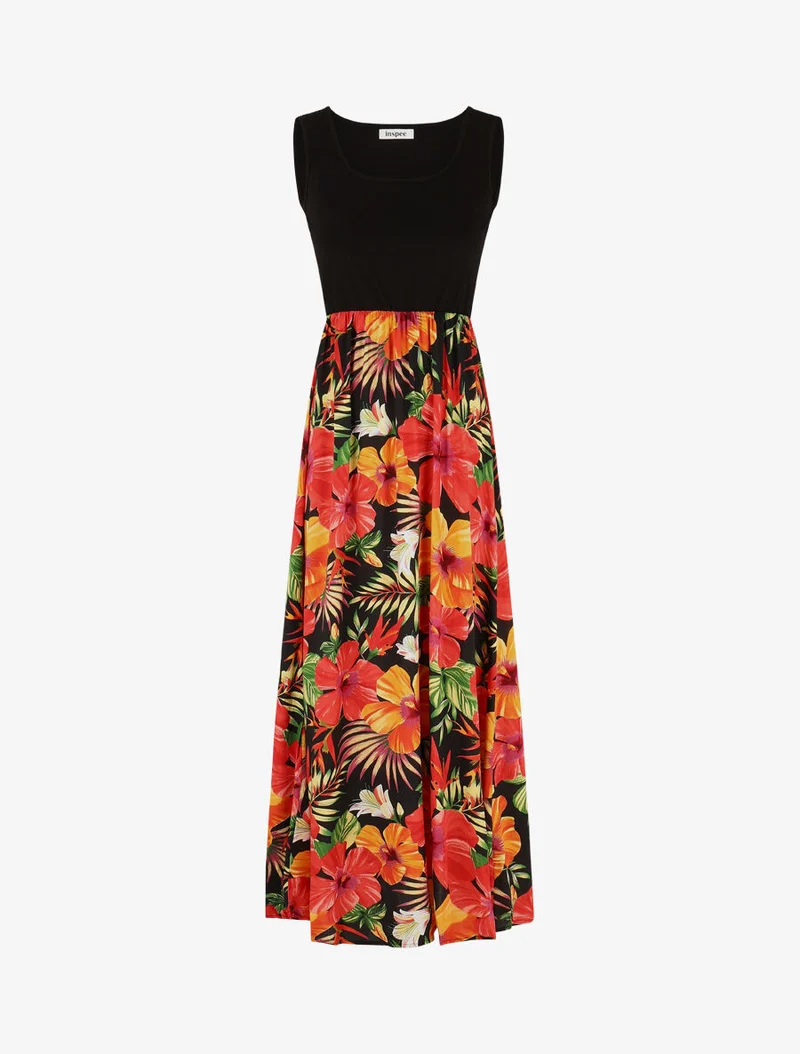 Robe longue sans manches imprimé tropical - Noir