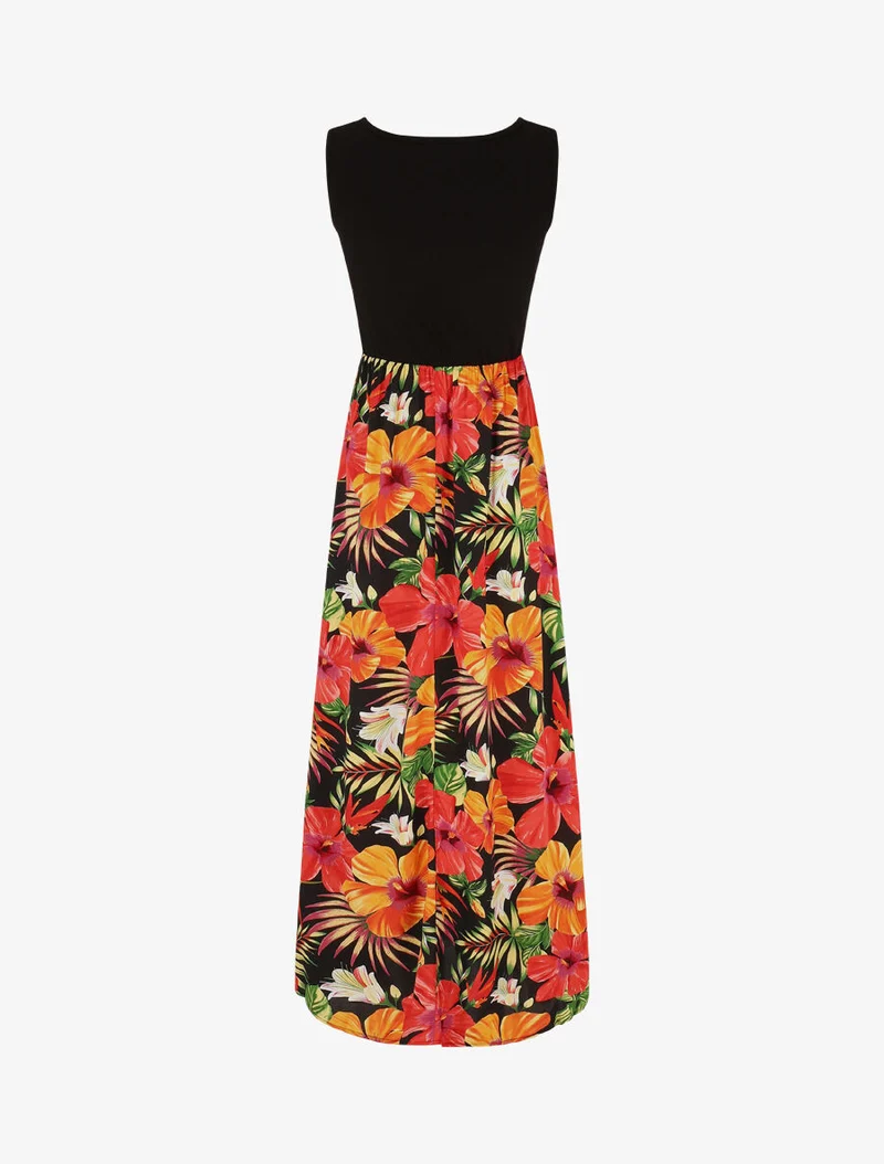 Robe longue sans manches imprimé tropical - Noir
