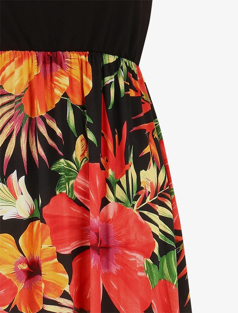 Robe longue sans manches imprimé tropical - Noir