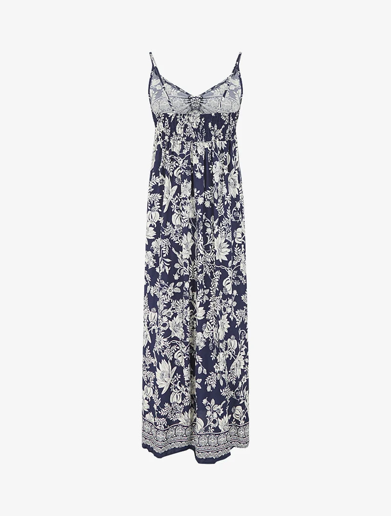 Robe longue empire à liens imprimé à fleurs - Marine