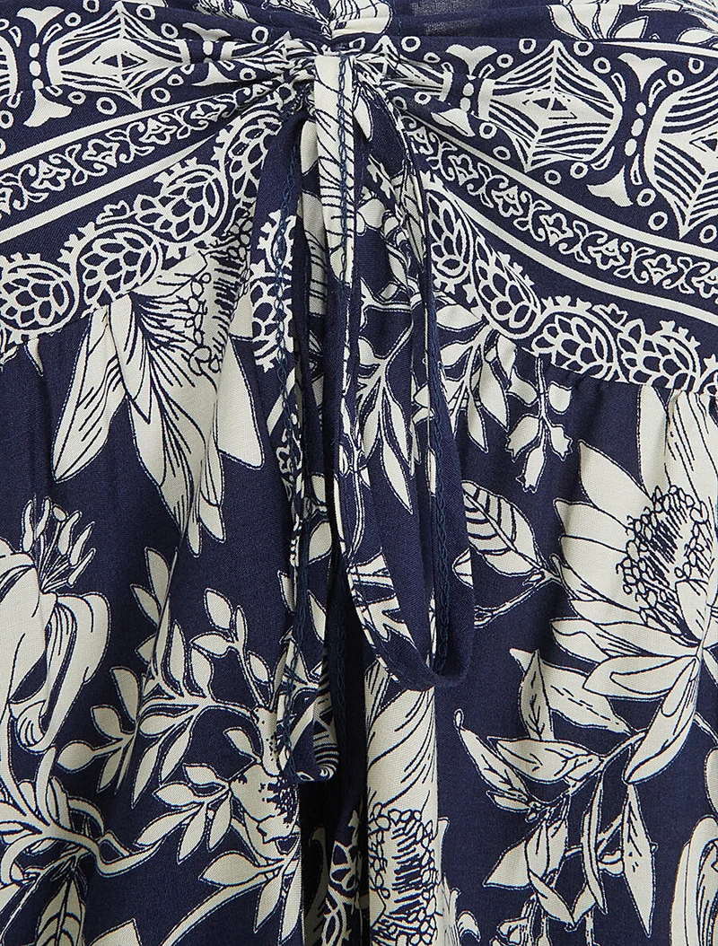 Robe longue empire à liens imprimé à fleurs - Marine
