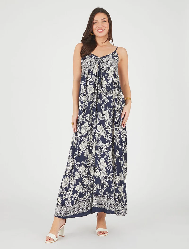 Robe longue empire à liens imprimé à fleurs - Marine