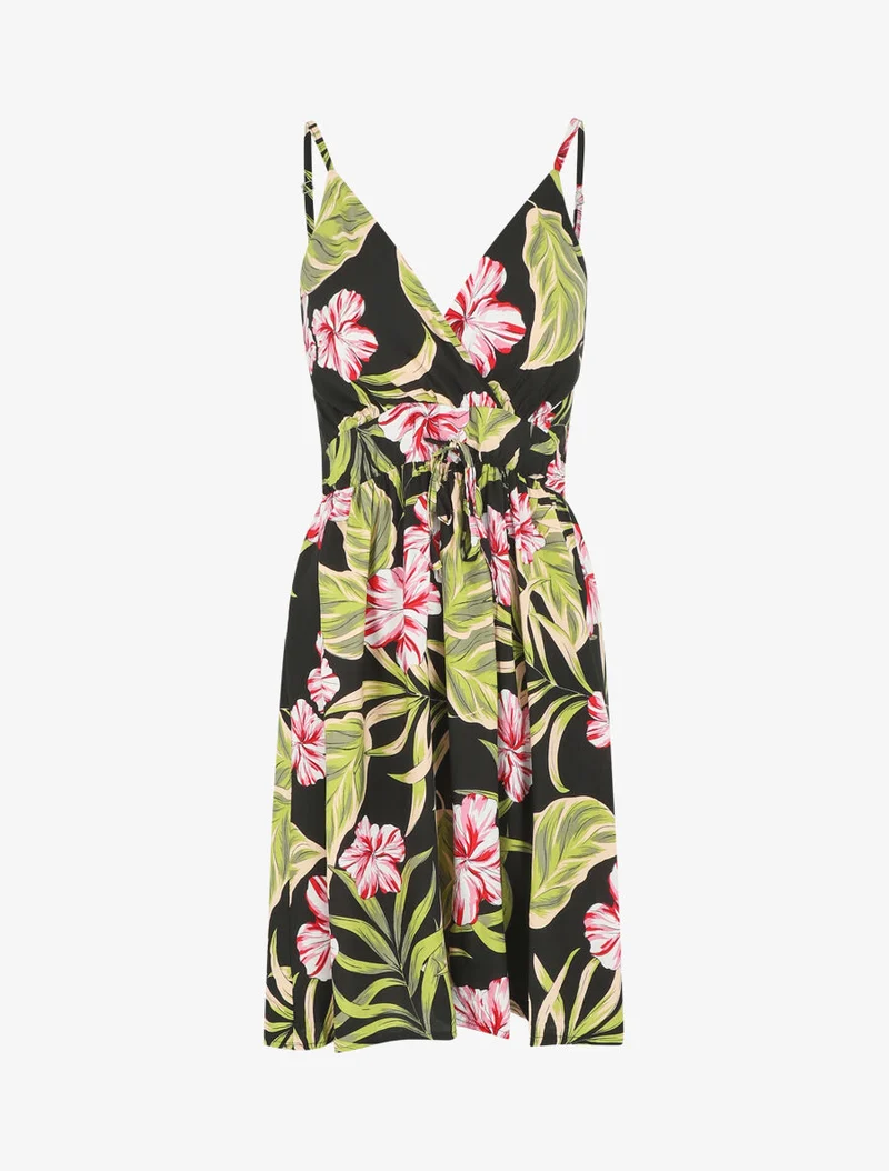 Robe à fines bretelles imprimé tropical - Noir