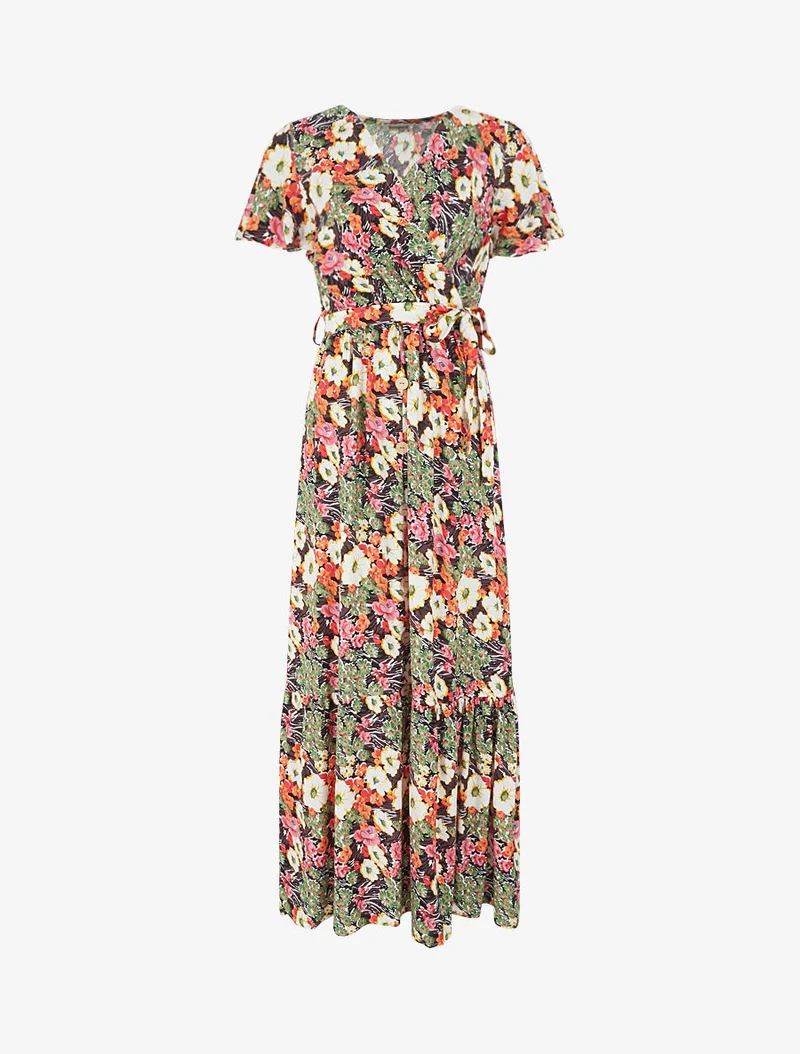 Robe longue fleurie à boutons décoratifs - Noir