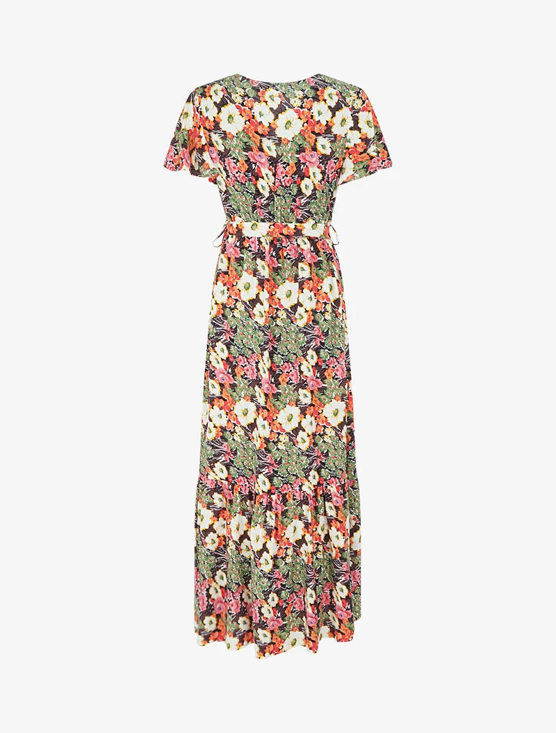 Robe longue fleurie à boutons décoratifs - Noir
