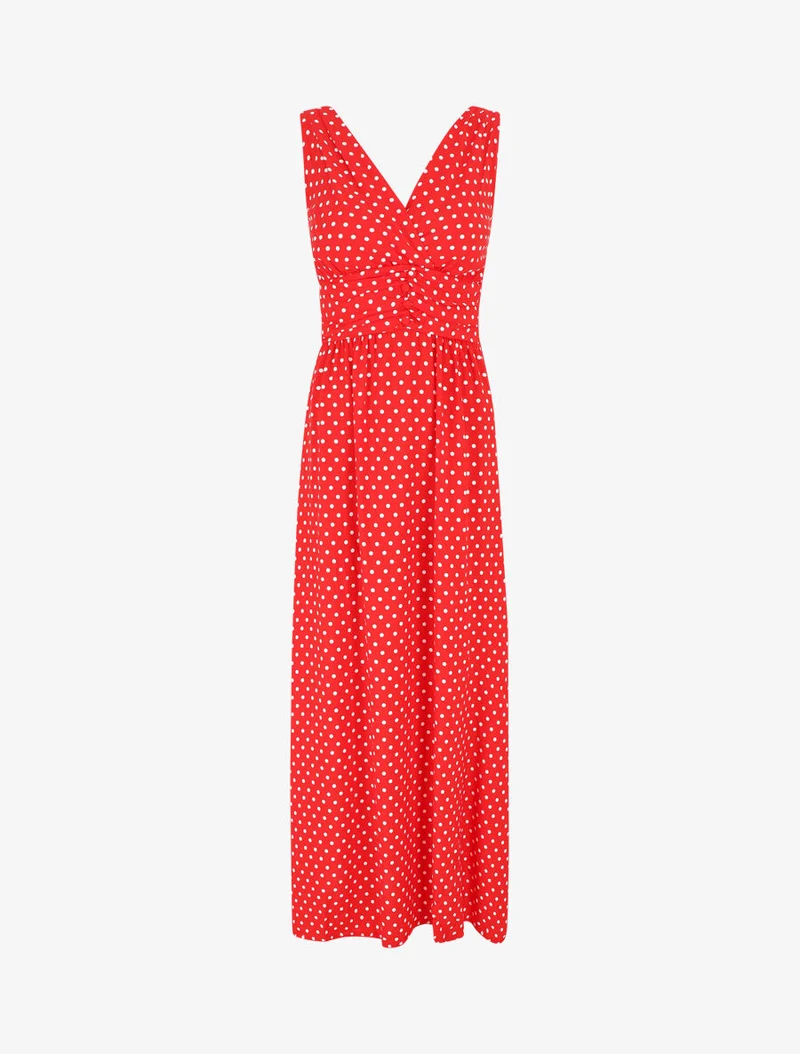 Robe longue empire à pois - Rouge