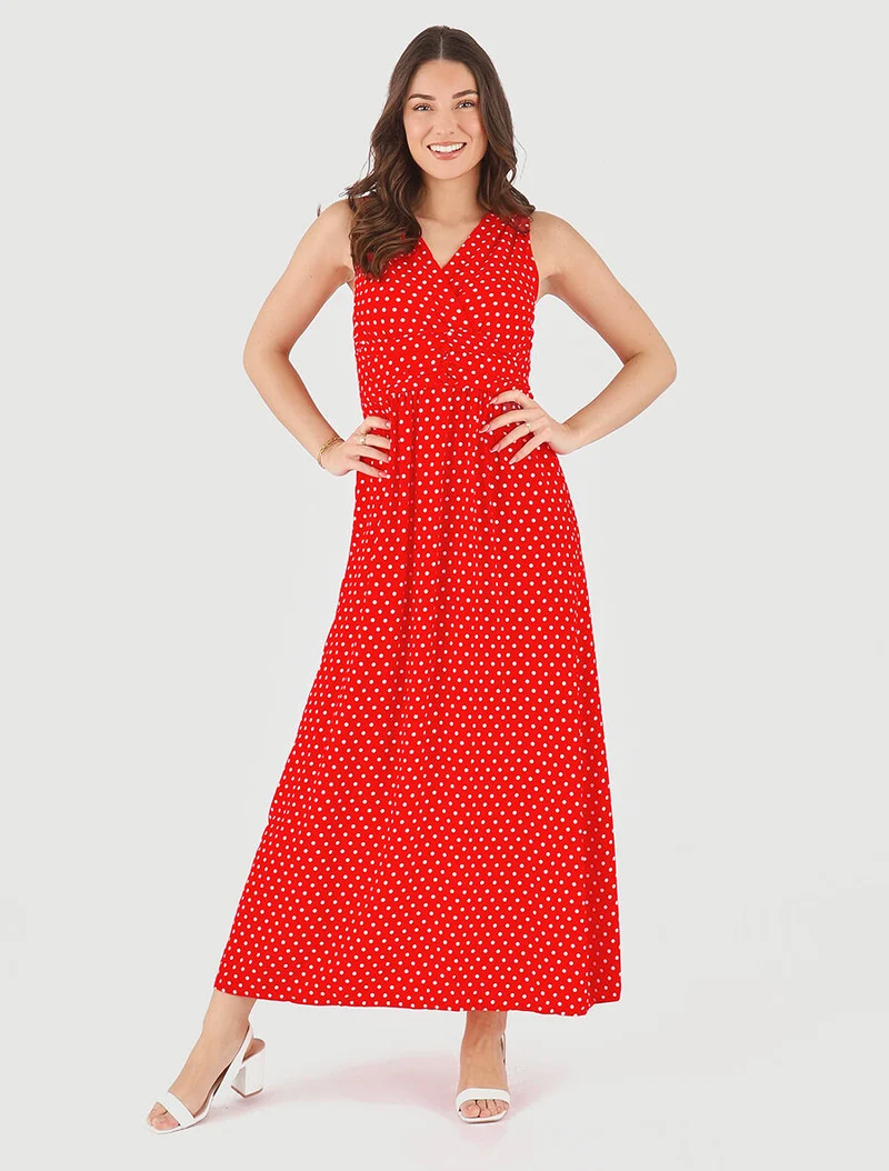 Robe longue empire à pois - Rouge