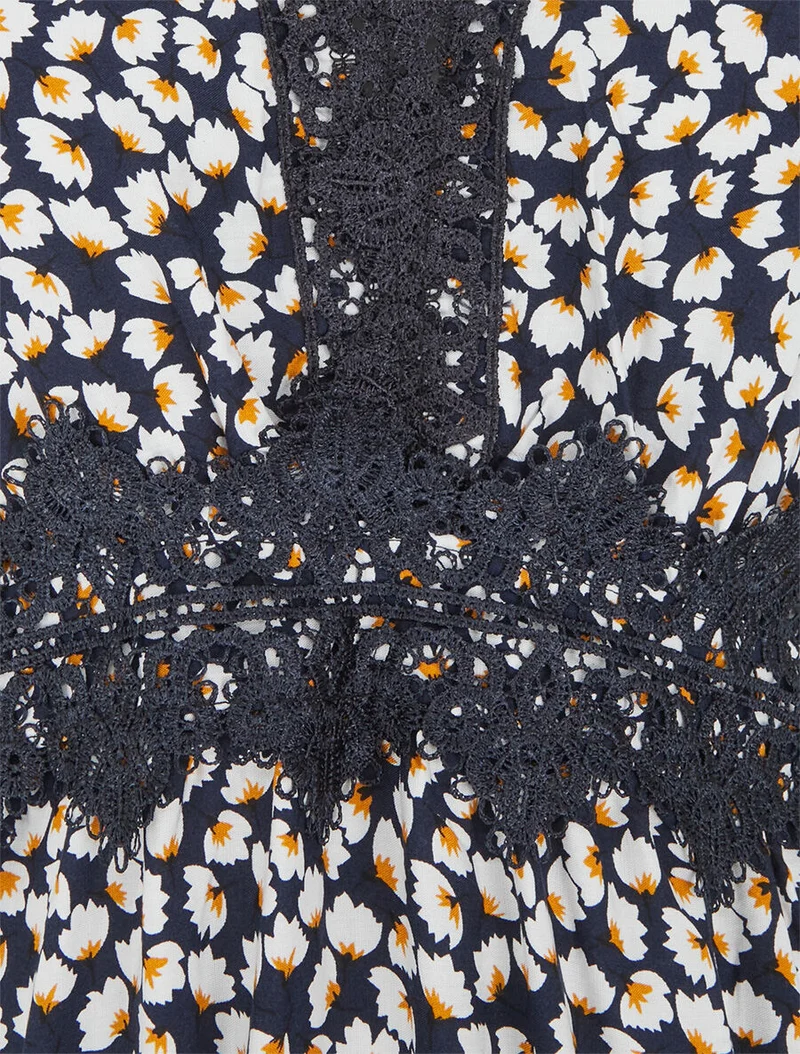 Robe longue fleurs à detail broderies - Marine