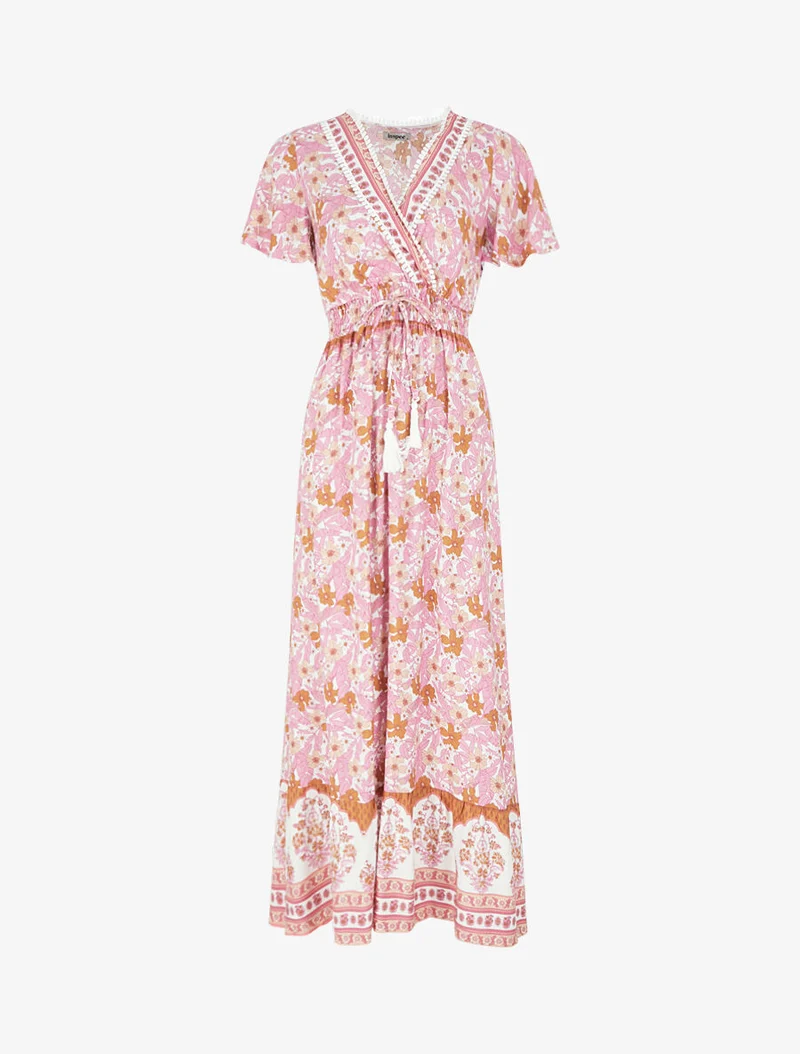 Robe fleurie à cordons de serrage - Rose