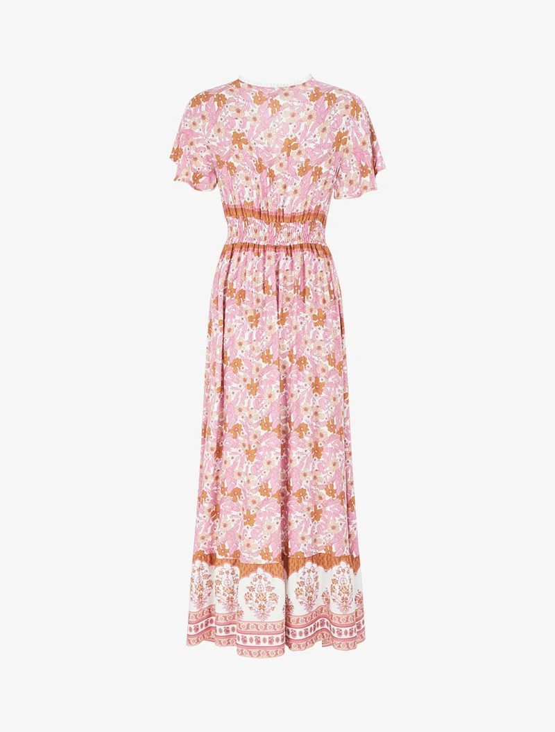 Robe fleurie à cordons de serrage - Rose