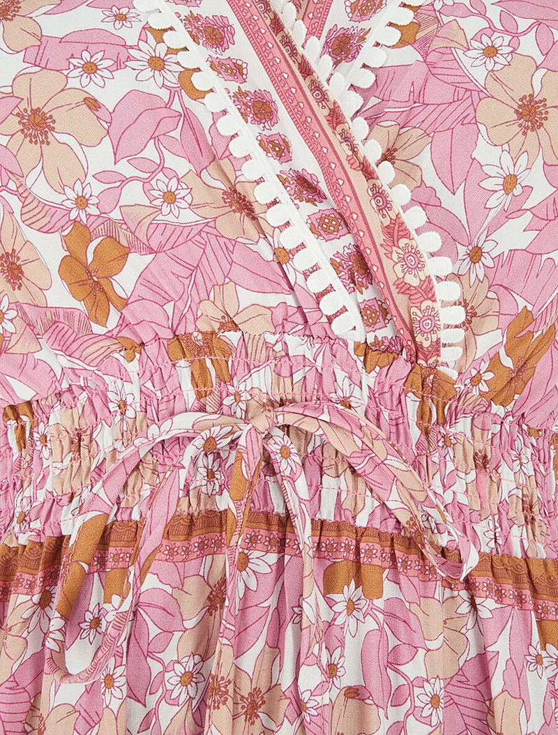 Robe fleurie à cordons de serrage - Rose