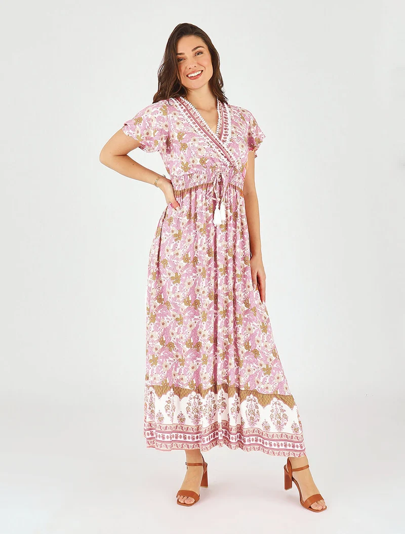 Robe fleurie à cordons de serrage - Rose