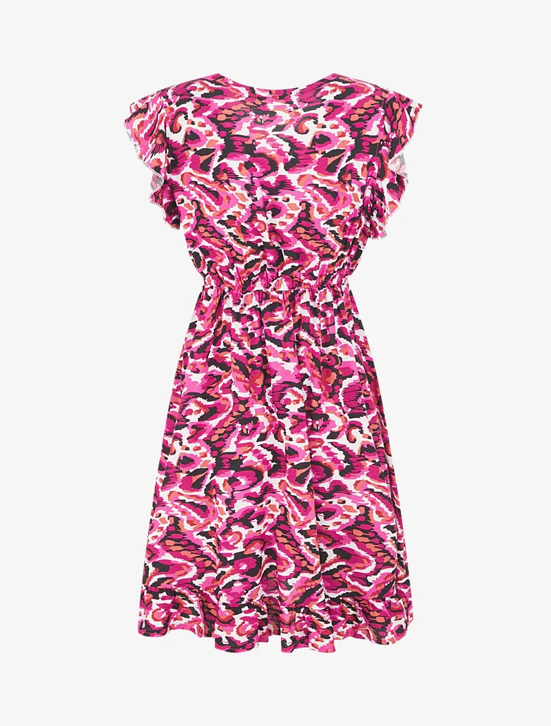 Robe mi-longue imprimé abstrait à cordons de serrage - Fushia