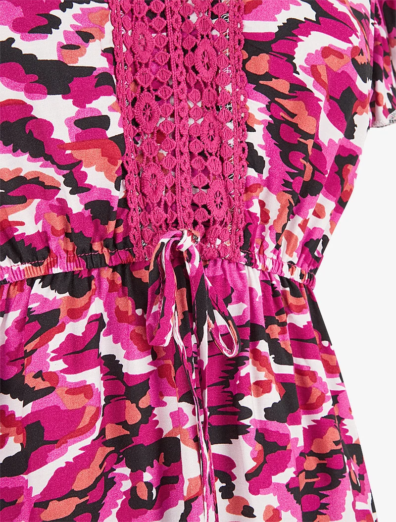 Robe mi-longue imprimé abstrait à cordons de serrage - Fushia