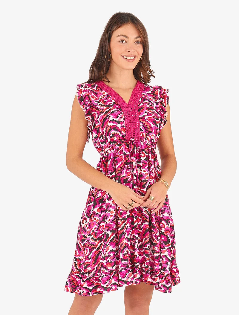 Robe mi-longue imprimé abstrait à cordons de serrage - Fushia