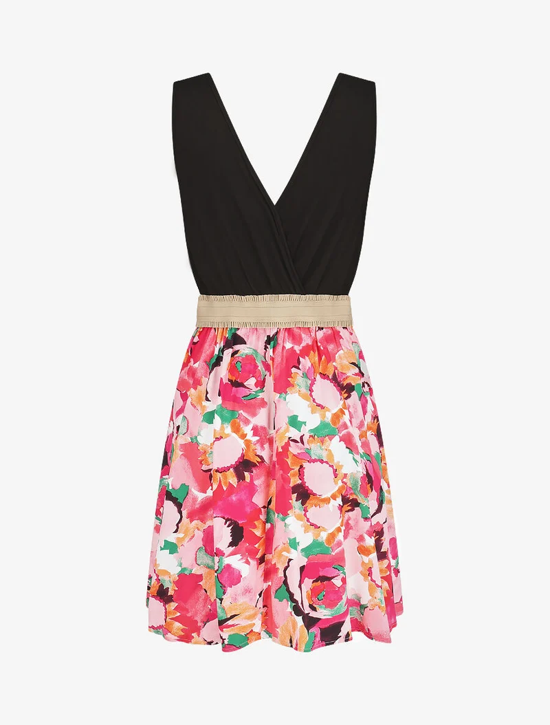 Robe élastiquée à jupe imprimé abstrait - Rose