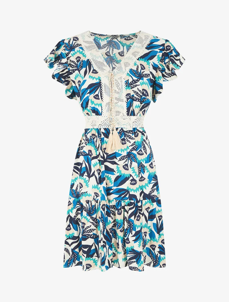 Robe imprimé abstrait à col V brodé - Bleu
