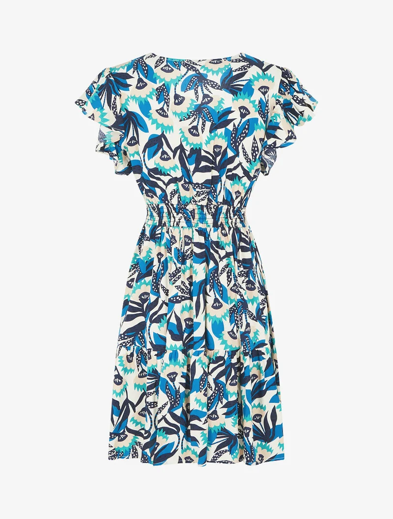 Robe imprimé abstrait à col V brodé - Bleu