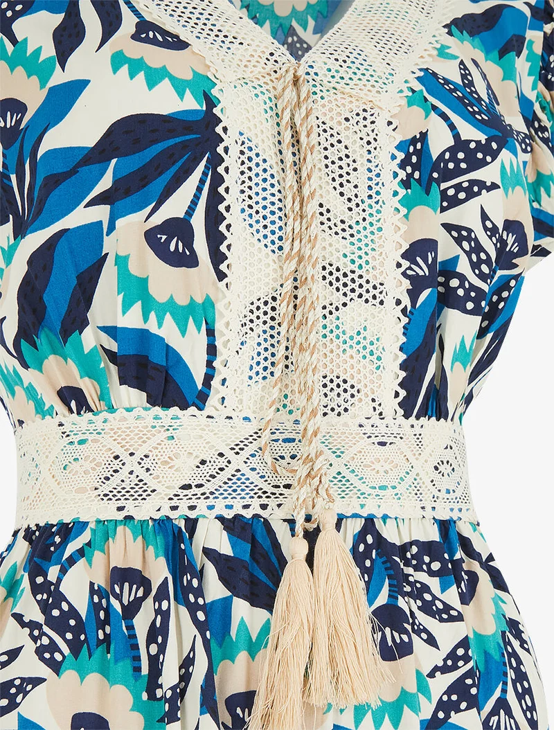 Robe imprimé abstrait à col V brodé - Bleu