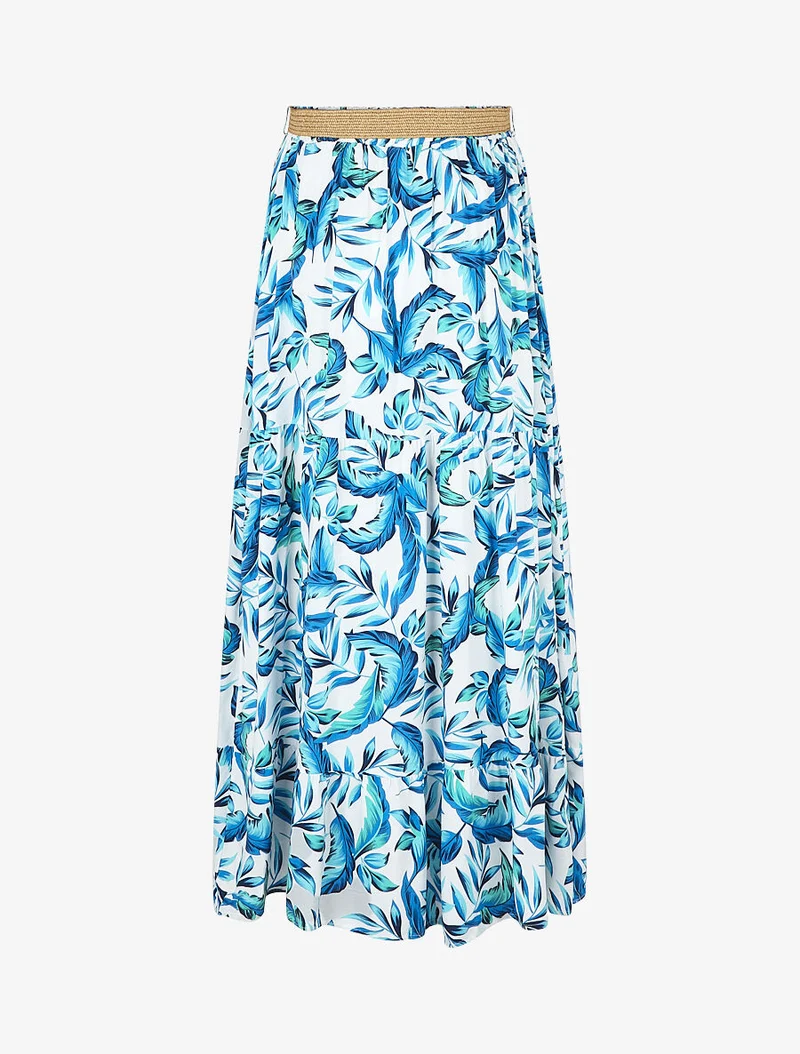 Jupe imprimé feuilles à taille élastiquée - Bleu