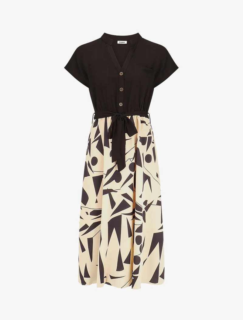 Robe longue élastiquée à jupe imprimé géométrique - Beige