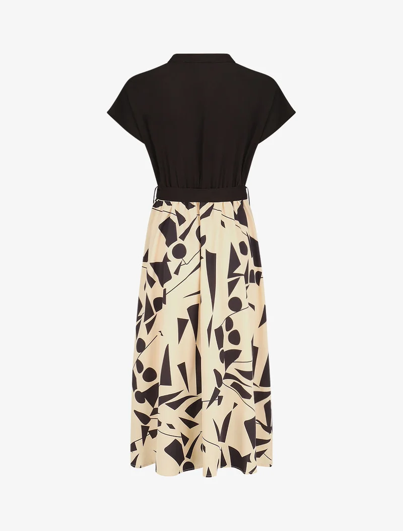 Robe longue élastiquée à jupe imprimé géométrique - Beige