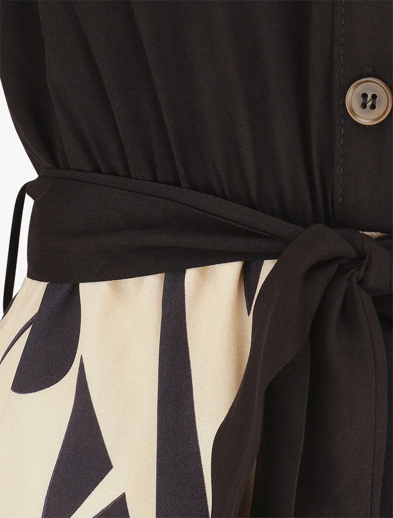 Robe longue élastiquée à jupe imprimé géométrique - Beige