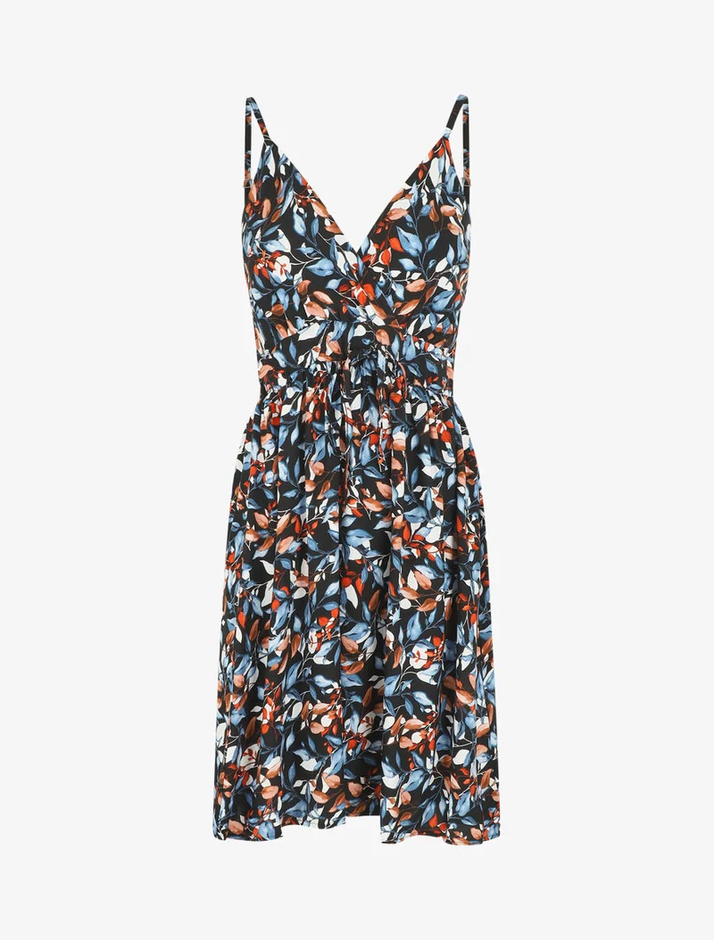 Robe à fines bretelles imprimé feuillage - Noir