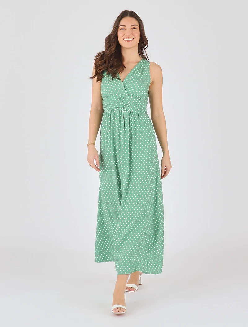 Robe longue empire à pois - Vert