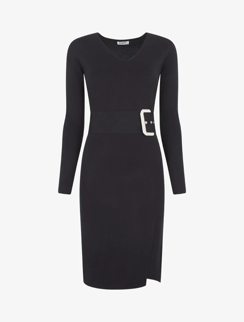 Robe pull à ceinture strassé trompe-l'oeil - Noir