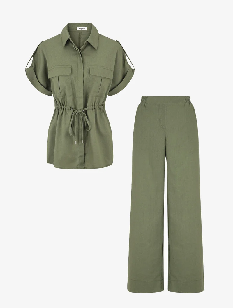 Ensemble chemise et pantalon uni effet lin - Kaki
